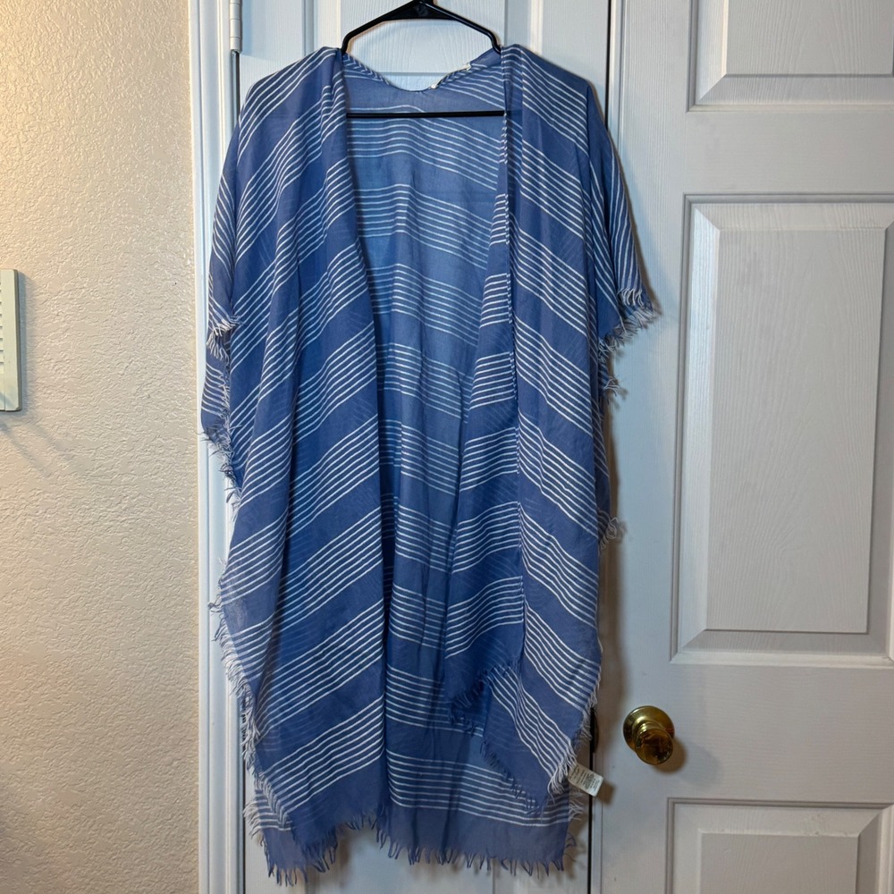 Do Everything in Love OS Blue and White Stripe Fringe End Kimono Wrap Cover-Up